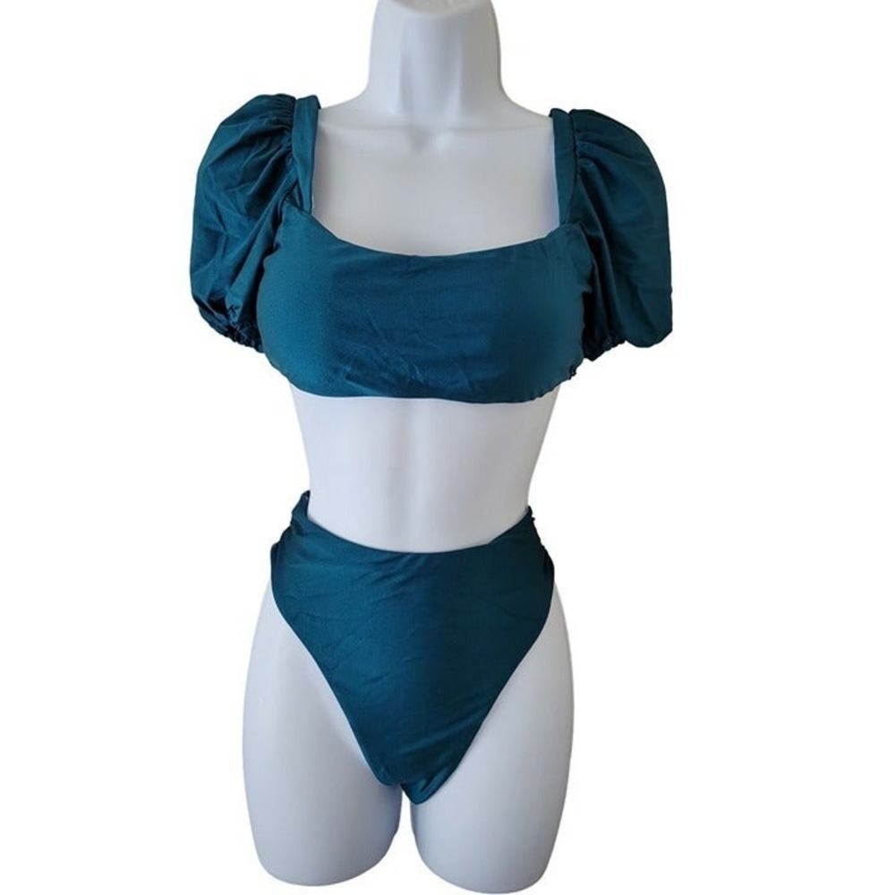 Teal Blue Puff Sleeve Two Piece Swimsuit High Cut Tie Back Bikini Set